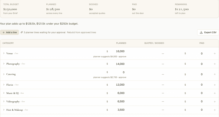 The budget tracker: total, planned, booked, paid and per-category rows