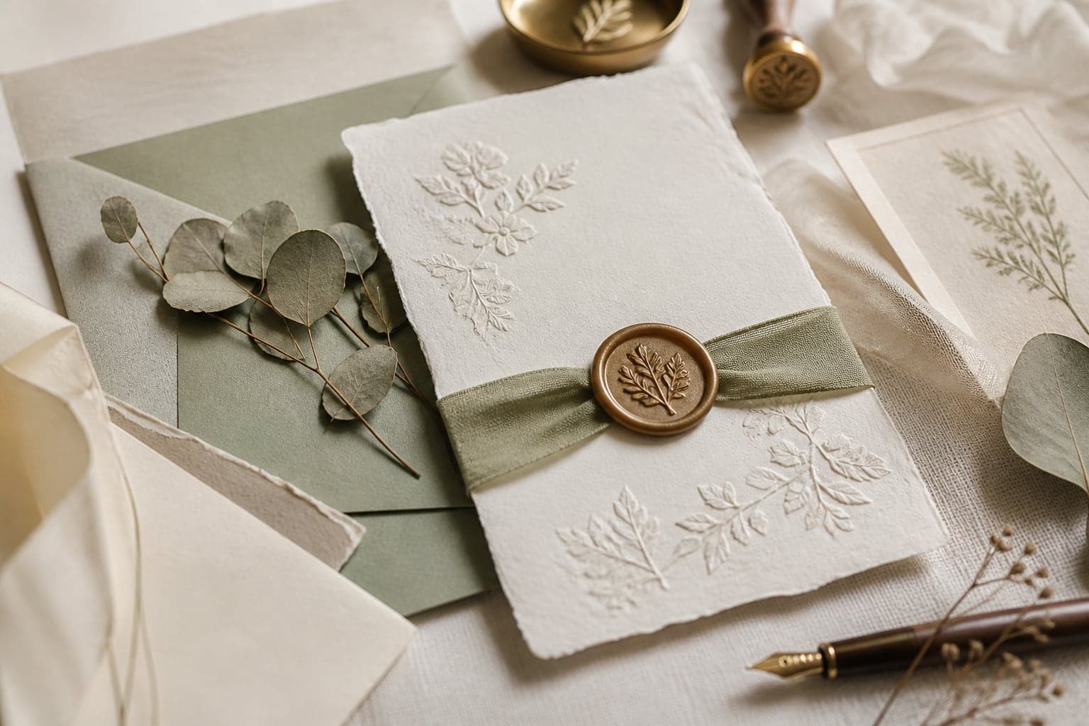 Letterpress wedding stationery on ivory linen
