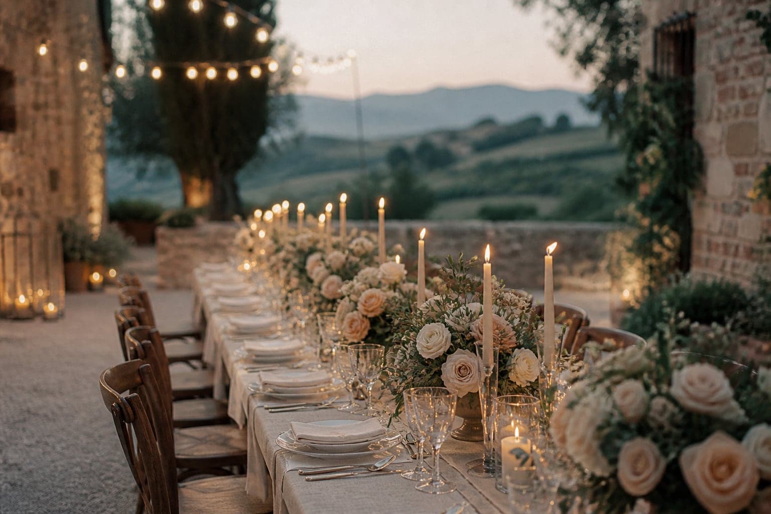 A candlelit wedding dinner table in a stone courtyard at dusk