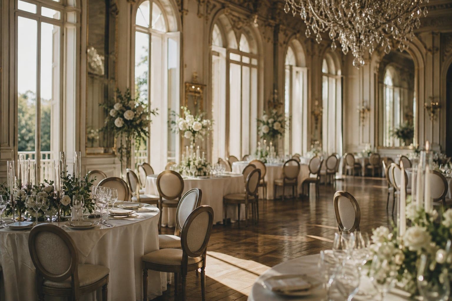 A château ballroom set for a wedding reception