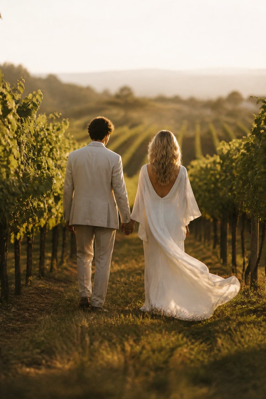 A couple walking between vineyard rows at golden hour
