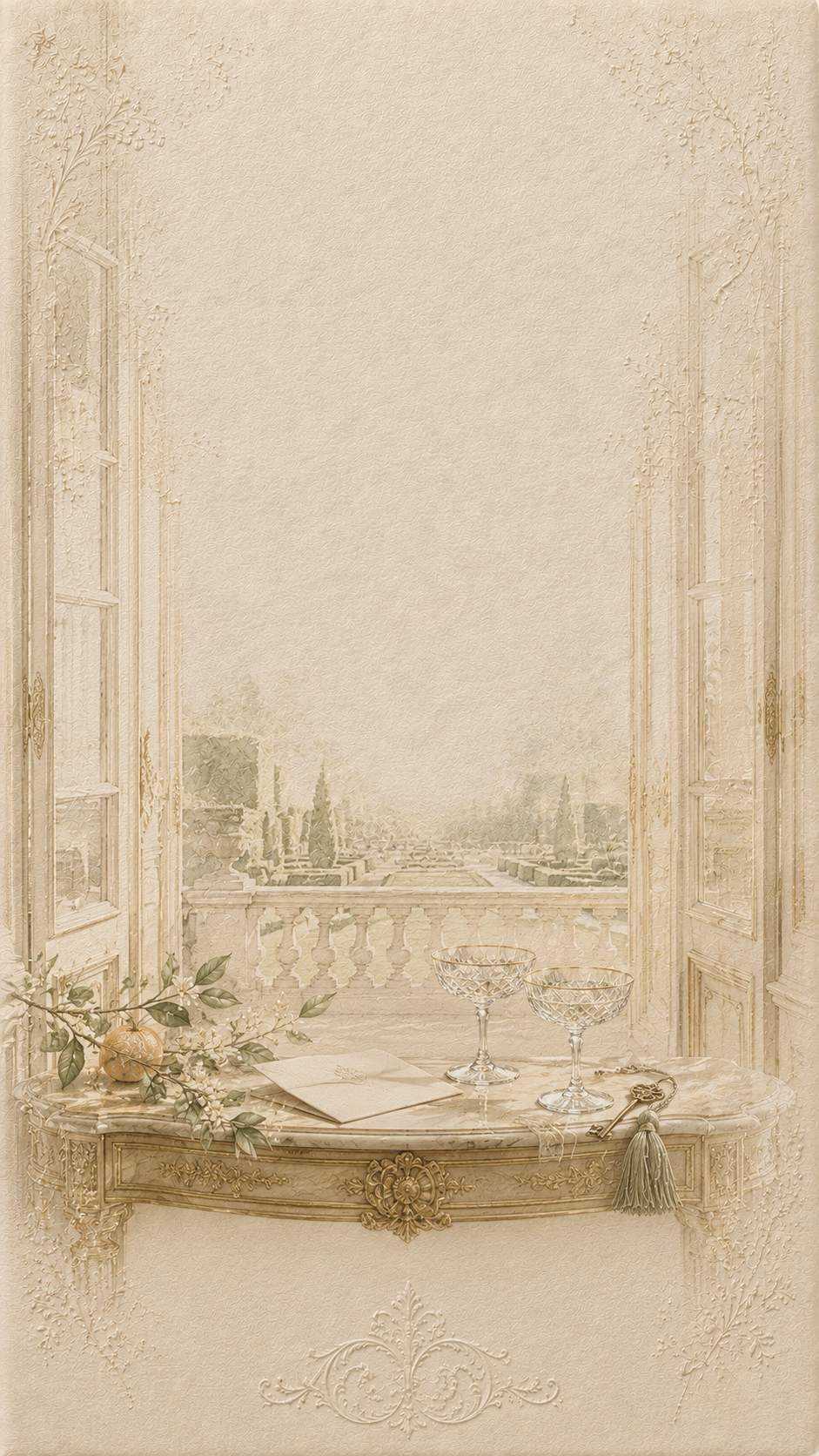 An open window onto the Versailles gardens with champagne